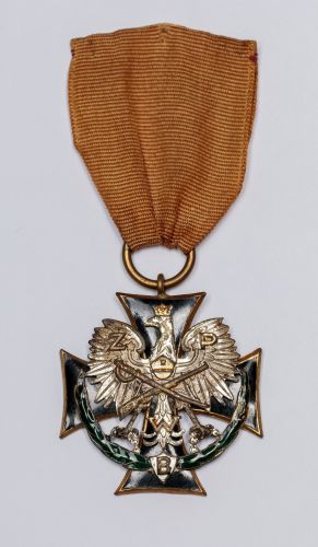 Odznaka Powstańca Broni Związku Towarzystw i Wojaków (czarny emaliowany krzyż z nałożonym orłem i zi